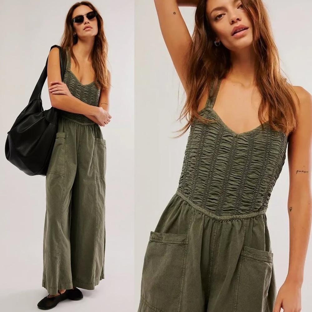 Free People Olive Green Smocked Jumpsuit